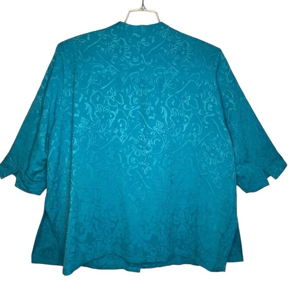 Erin Jacquard Floral Print Linen Blend Tunic Top Plus 3X 3/4 Sleeve Blue Button - Picture 4 of 14